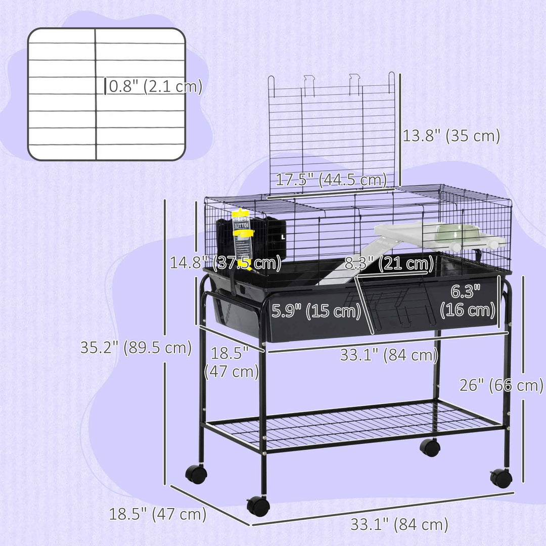 PawHut 35" Small Animal Cage Rolling Guinea Pig Cage with Detachable Stand, Water Dispenser, Food Dish, Ramp, Wheels, Dark Grey