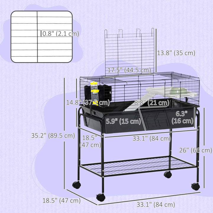PawHut 35" Small Animal Cage Rolling Guinea Pig Cage with Detachable Stand, Water Dispenser, Food Dish, Ramp, Wheels, Dark Grey