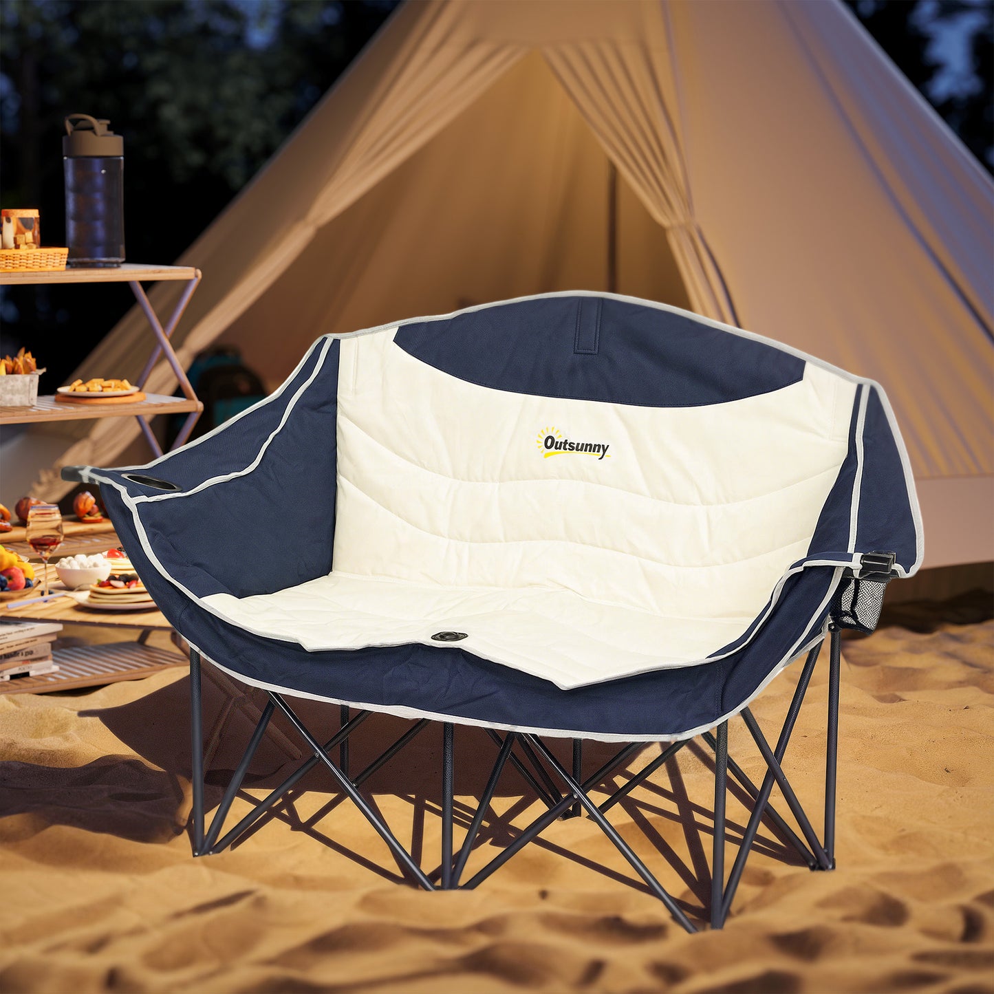 Outsunny Portable Camp Chair, Double Camping Chair with Cup Holders and Carry Bag, Support 551 lbs, Navy Blue