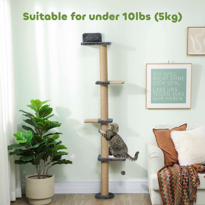PawHut Cat Wall Shelves, Cat Wall Furniture with 4 Platforms, Jute Scratching Post for Indoor Playing, Climbing, Dark Grey