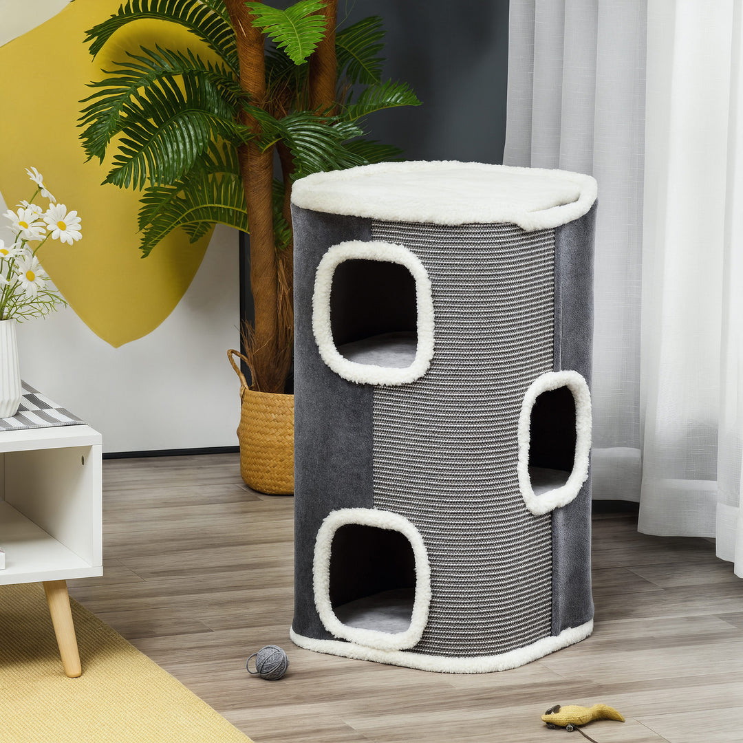 PawHut 4-Story Cat House for Indoor, Cat Condo with Sisal Scratching Surface, Removable Cushion, 16" x 16" x 29", Grey