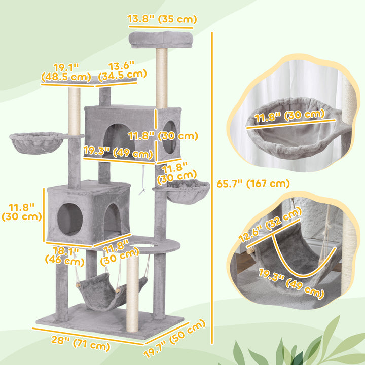 PawHut 66 Inch Large Cat Tree with 2 Door Condos, 3 Big Hammocks, Plush Top Perch, Sisal Scratching Posts, Light Grey