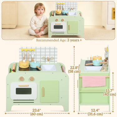 Qaba Kids Kitchen Playset with 15 Accessories, Microwave Oven, Cabinets, for Boys and Girls Ages 3+, Green