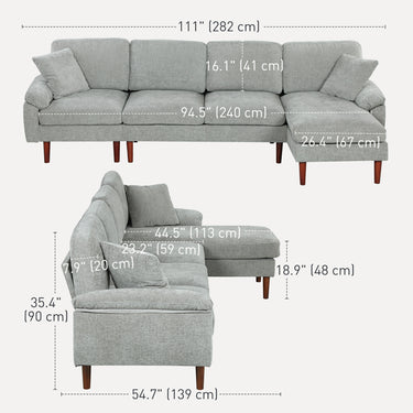HOMCOM L-Shape Sofa, Modern Sectional Couch with Changeable Chaise Lounge, Pillows and Wooden Legs for Living Room, Grey