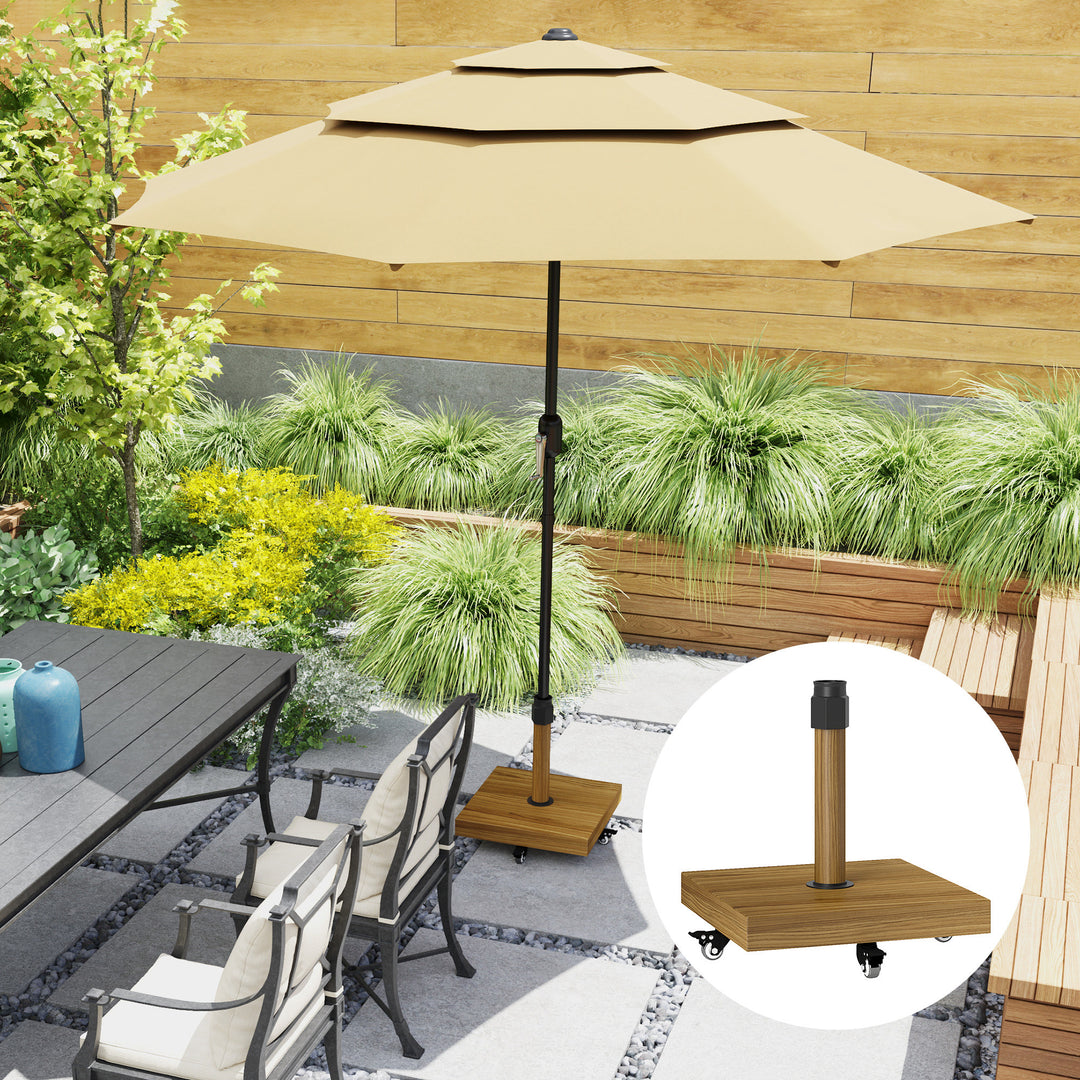 Outsunny 57 lbs Metal Square Patio Umbrella Base Holder, Outdoor Umbrella Stand with Wheels, Heavy Duty Patio Umbrella Stand Base for Garden, Poolside, Nature Wood