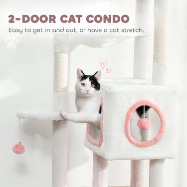 PawHut 65 Inch Cat Tree with 2 Doors Condos, Plush Top Perch, Hammock, Sisal Scratching Posts, 4 Pompoms, Ramp, White