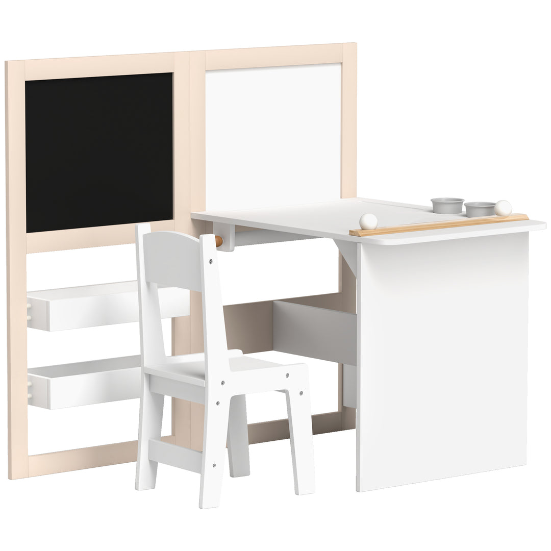Qaba 3 in 1 Kids Table and Chair Set with Foldable Easel, Storage Shelves, Roll Paper, White