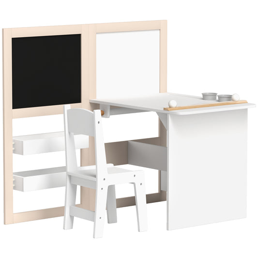 Qaba 3 in 1 Kids Table and Chair Set with Foldable Easel, Storage Shelves, Roll Paper, White