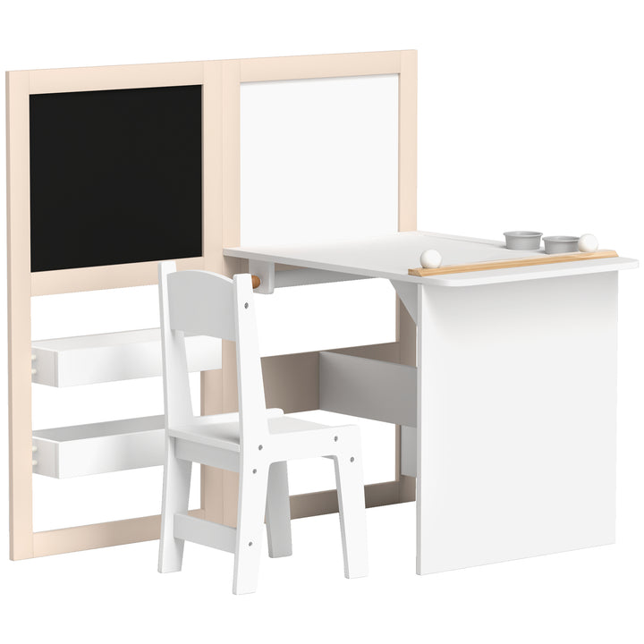 Qaba 3 in 1 Kids Table and Chair Set with Foldable Easel, Storage Shelves, Roll Paper, White