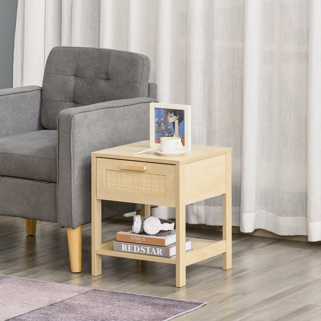 HOMCOM Narrow Nightstand with Rattan Elements, Bedside Table with Drawer and Storage Shelf for Bedroom, Natural