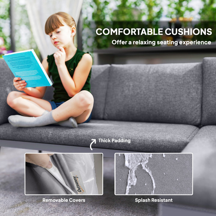 Outsunny 3 Pieces Outdoor Furniture Set, L Shaped Wicker Patio Furniture Conversation Set with Cushions, Steel Table, Grey