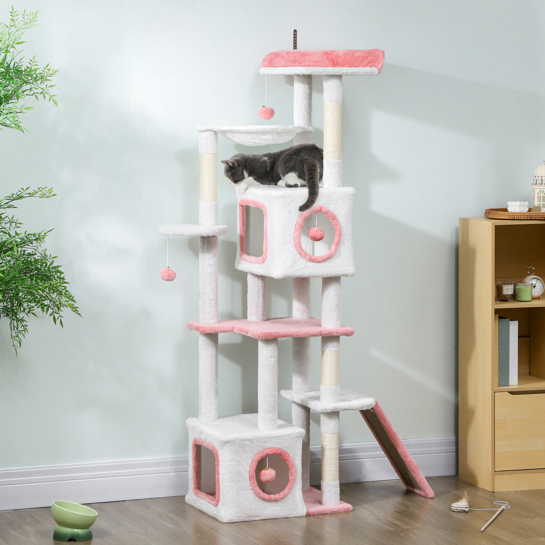 PawHut 65 Inch Cat Tree with 2 Doors Condos, Plush Top Perch, Hammock, Sisal Scratching Posts, 4 Pompoms, Ramp, White