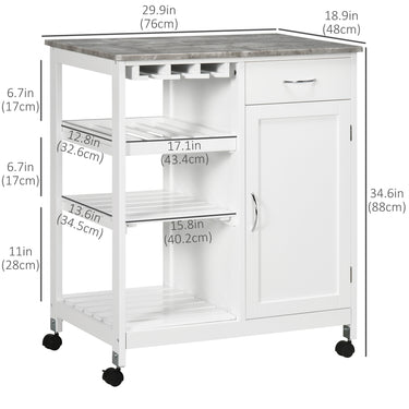 HOMCOM Rolling Kitchen Cart, Bar Cart on Wheels with Wine Rack, Drawer, Open Shelves, Cabinet and Faux Marble Top, Kitchen Island with Storage, White