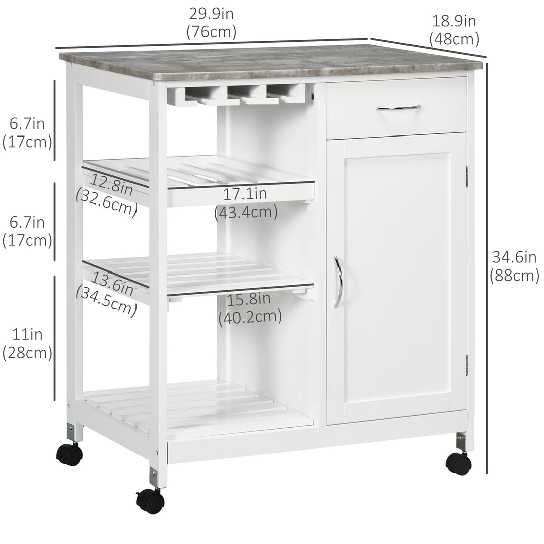 HOMCOM Rolling Kitchen Cart, Bar Cart on Wheels with Wine Rack, Drawer, Open Shelves, Cabinet and Faux Marble Top, Kitchen Island with Storage, White