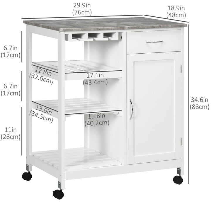HOMCOM Rolling Kitchen Cart, Bar Cart on Wheels with Wine Rack, Drawer, Open Shelves, Cabinet and Faux Marble Top, Kitchen Island with Storage, White
