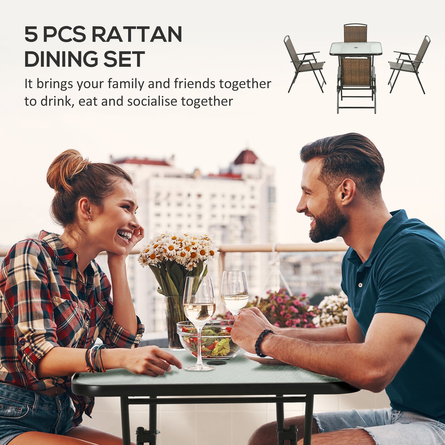 Outsunny 5 Pieces Folding Rattan Patio Table and Chairs for 4 with Umbrella Hole, Tempered Glass Top, Dark Brown