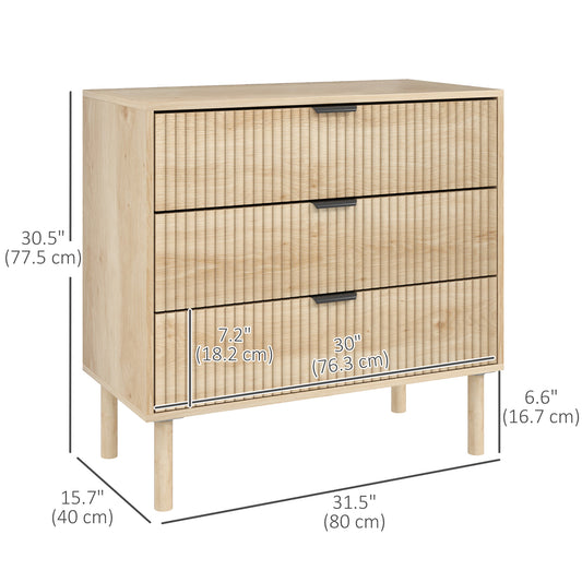 HOMCOM Bedroom Chest of Drawers, 3 Drawer Dresser with Fluted Panels and Solid Wood Legs, Storage Cabinet for Living Room, Oak