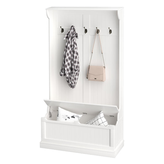 HOMCOM 3-In-1 Hall Tree w/ Coat Rack, Shoe Storage and Bench Seat, Entryway Bench w/ 4 Hooks for Hallway, Living Room, White
