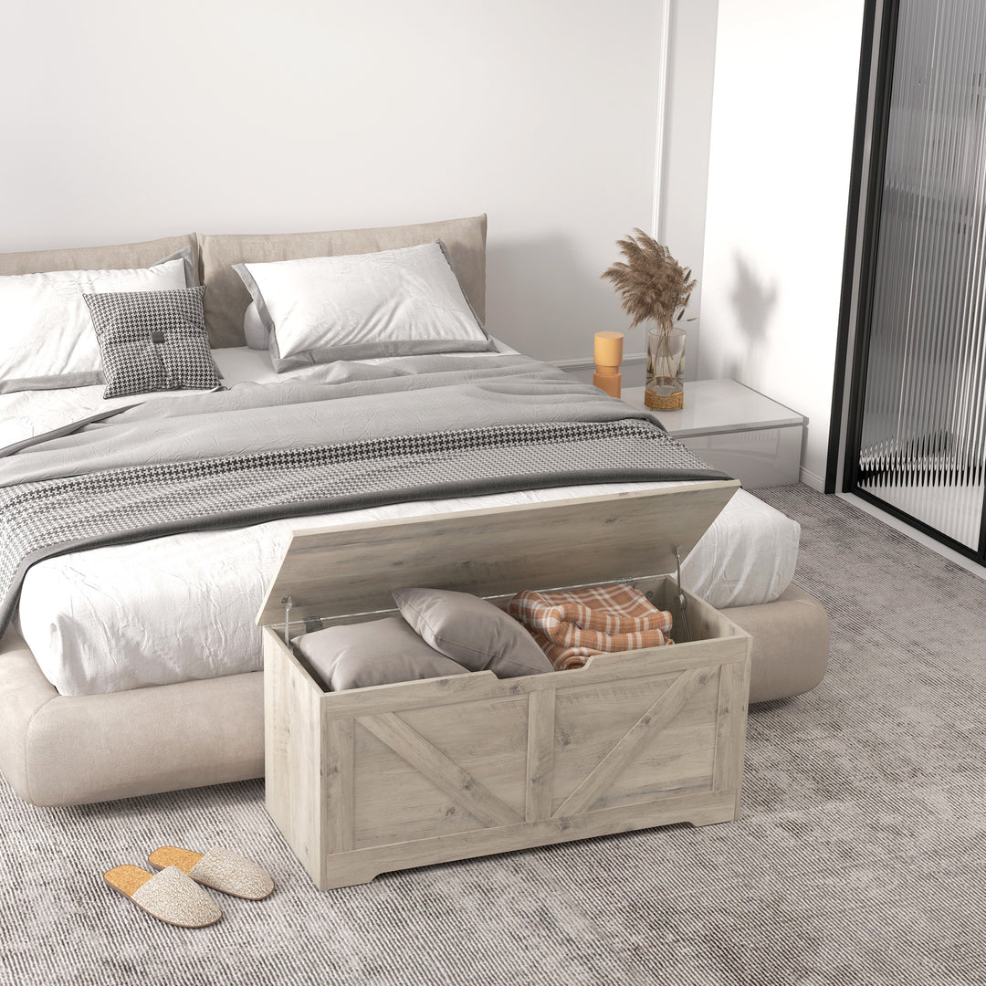 HOMCOM 39.4 Inches Storage Chest, Storage Trunk with 2 Safety Hinges, Wooden Box for Living Room, Black Wood Grain