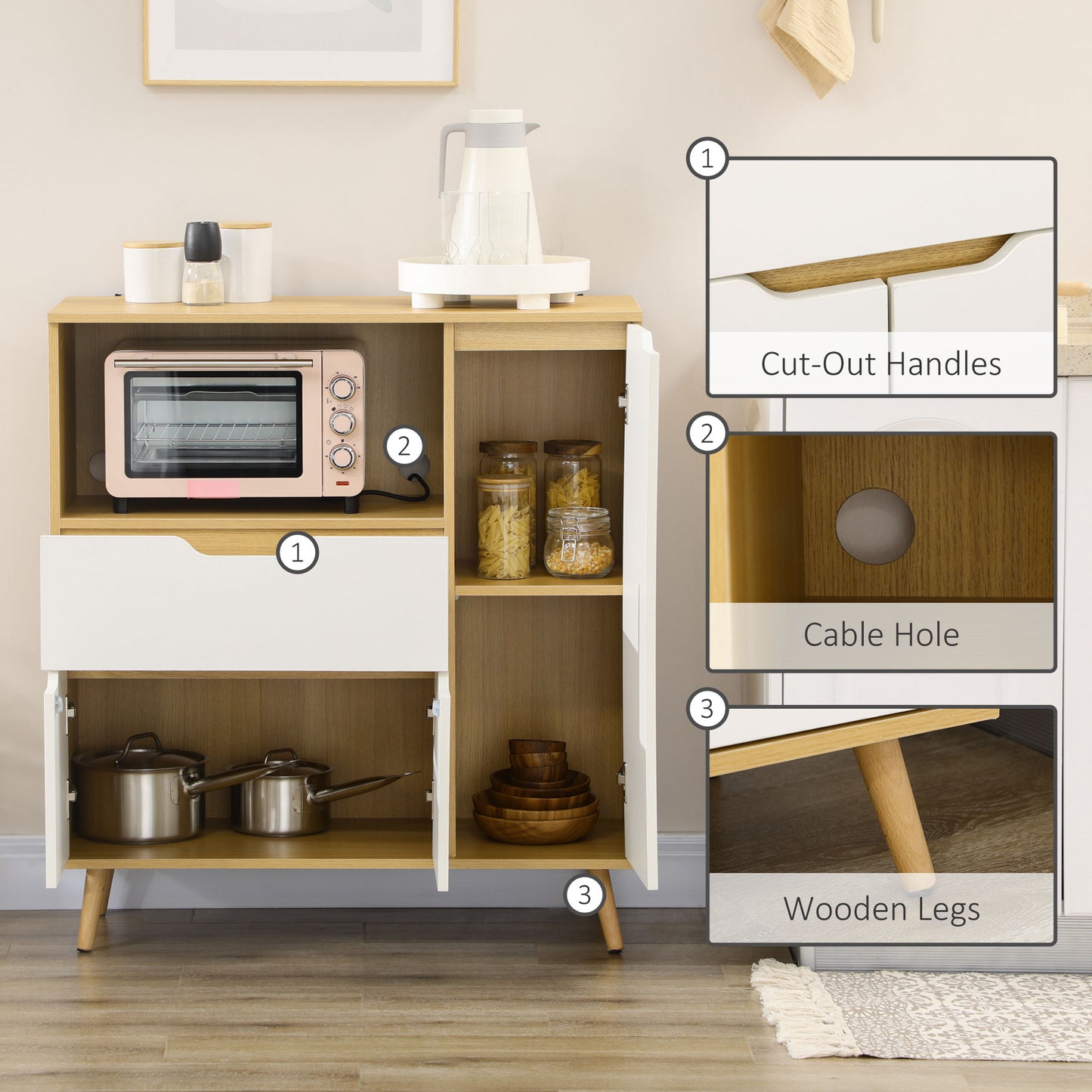 HOMCOM Modern Microwave Stand, Microwave Cabinet with Drawer, Storage Cupboards and Cable Hole for Kitchen, Dining Room, White