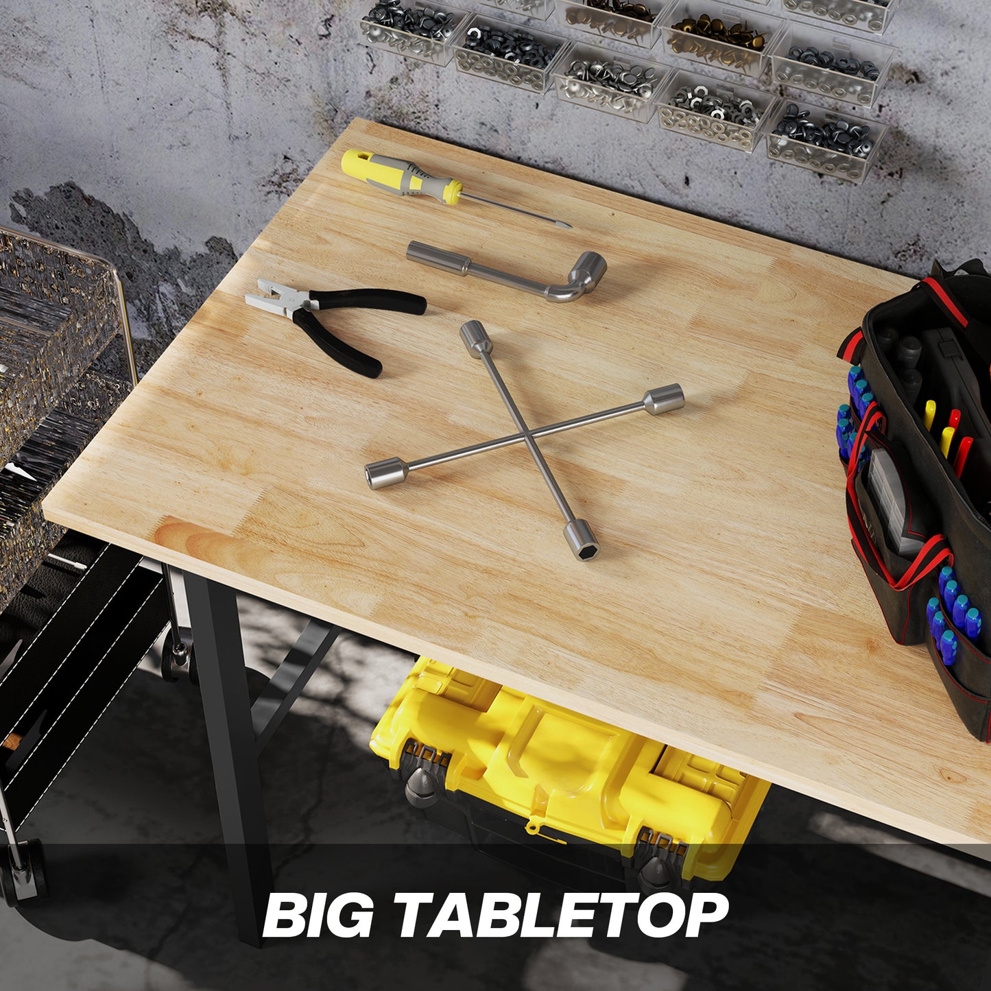HOMCOM 46" Work bench Table Oak Wood Top, Heavy-Duty Steel Work Table High Stability Workstation, Natural Wood