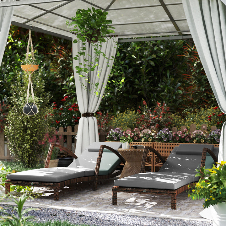 Outsunny Set of 2 Wicker Chaise Lounge Chair Outdoor Patio Lounger with 5 Adjustable Back, Wheels, Cushion and Armrests, Blue