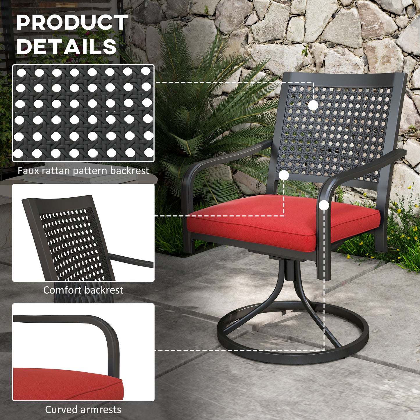 Outsunny 2 Pieces Patio Swivel Chairs with Cushion, Outdoor Swivel Rocker with Curved Armrests, Backrest for Garden, Balcony, Porch, Navy Blue