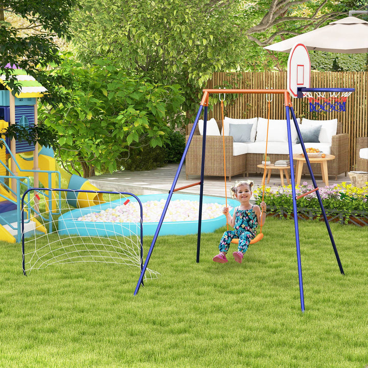 Outsunny Kids Swing Outdoor with Swing Seat, Basketball Hoop and Football Goal, Ground Stakes for 3-8 Years Old
