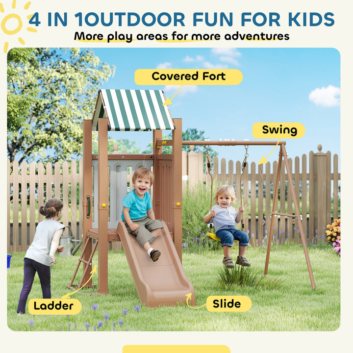 Qaba 4-in-1 Kids Swing Set for Playground with Slide, Covered Fort, Climbing Ladder, Ground Stakes, for Kids Ages 3-8, Brown