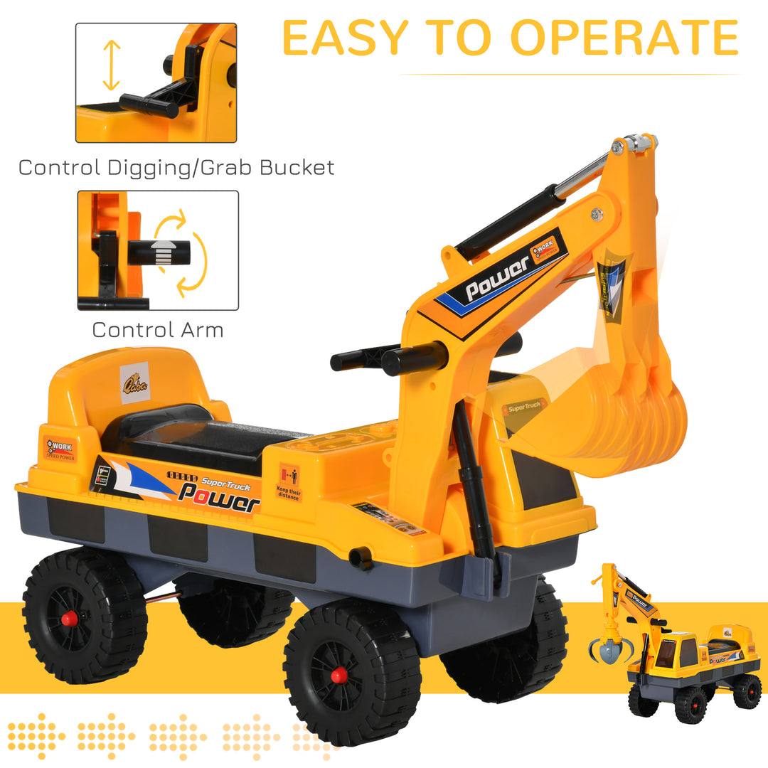 Qaba No Power Ride On Excavator Construction Digger Multi-Functional Truck Toy with 2 in 1 Design Detachable Digging Bucket and Grab Bucket, Music, Light, Yellow