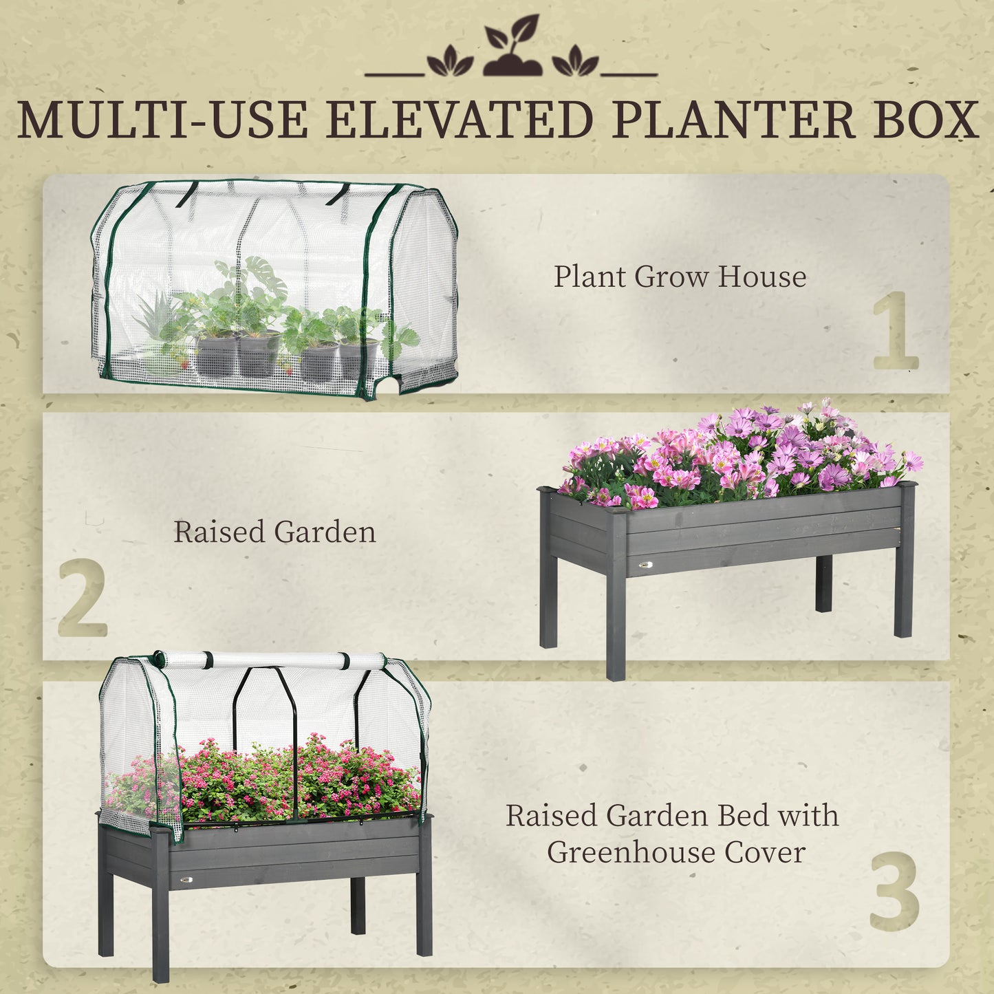 Outsunny Raised Garden Bed with PE Greenhouse Cover Outdoor Elevated Wood Planter Box for Herbs and Vegetables, Use for Patio, Backyard, Balcony, 48 x 22 x 46 inch, Natural