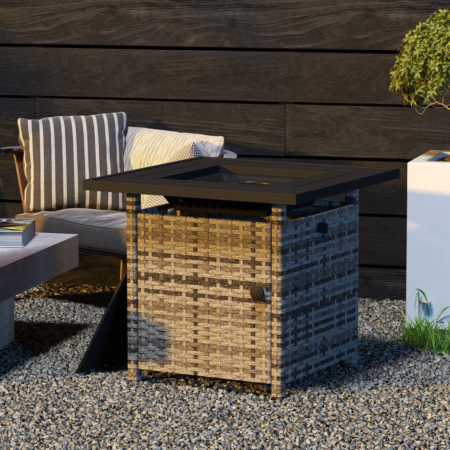 Outsunny Outdoor PE Rattan Propane Fire Pit Table, 50,000 BTU Pulse-Ignition Wicker Fire Table, Mixed Grey