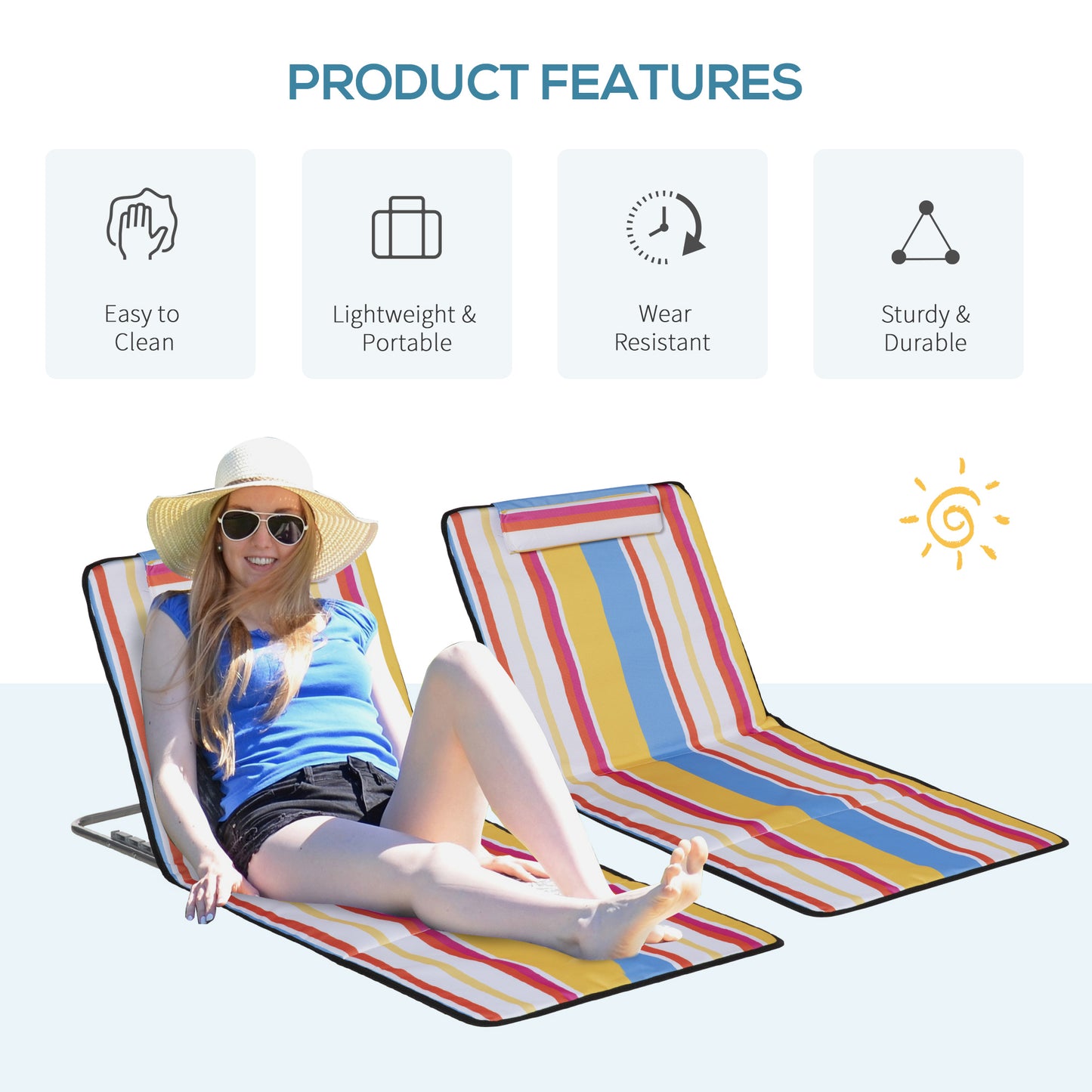 Outsunny Set of 2 Beach Lounge Chair Sun Lounger Beach Mat, Padded Folding Ground Mat Lounge Chair w/Adjustable Back, Steel Frame, Head Pillow and Carry Bag for Backyard Lakeside, Colorful Stripes