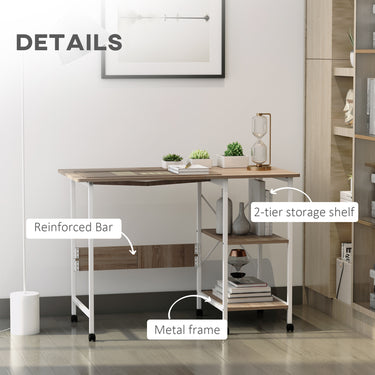 HOMCOM Folding Computer Desk with Storage Shelves, Study Writing Table Laptop Desk with 6 Wheels for Bedroom Home Office Workstation, Natural