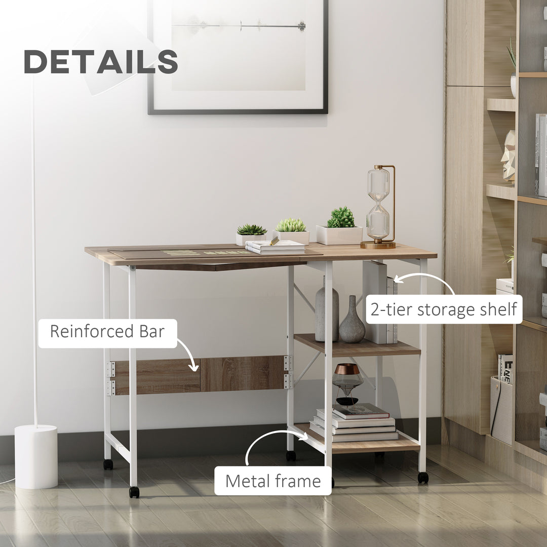 HOMCOM Folding Computer Desk with Storage Shelves, Study Writing Table Laptop Desk with 6 Wheels for Bedroom Home Office Workstation, Natural