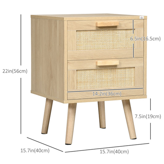 HOMCOM Boho Design Nightstand Set of 2, Side End Table with 2 Drawers for Living Room, Bedroom