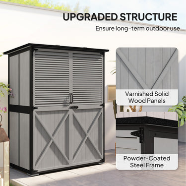 Outsunny Outdoor Storage Cabinet, Wood Garden Shed with Steel Frame, Asphalt Roof, 2 Shelves and Lockable Doors, Grey