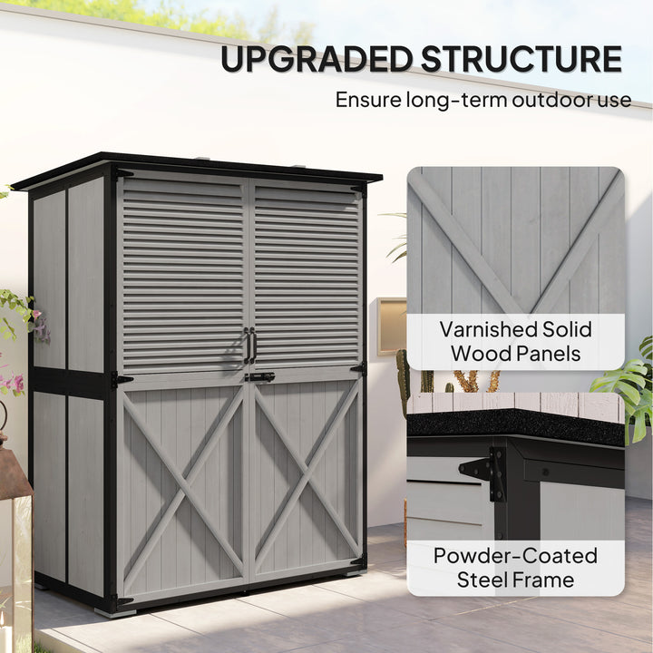 Outsunny Outdoor Storage Cabinet, Wood Garden Shed with Steel Frame, Asphalt Roof, 2 Shelves and Lockable Doors, Grey