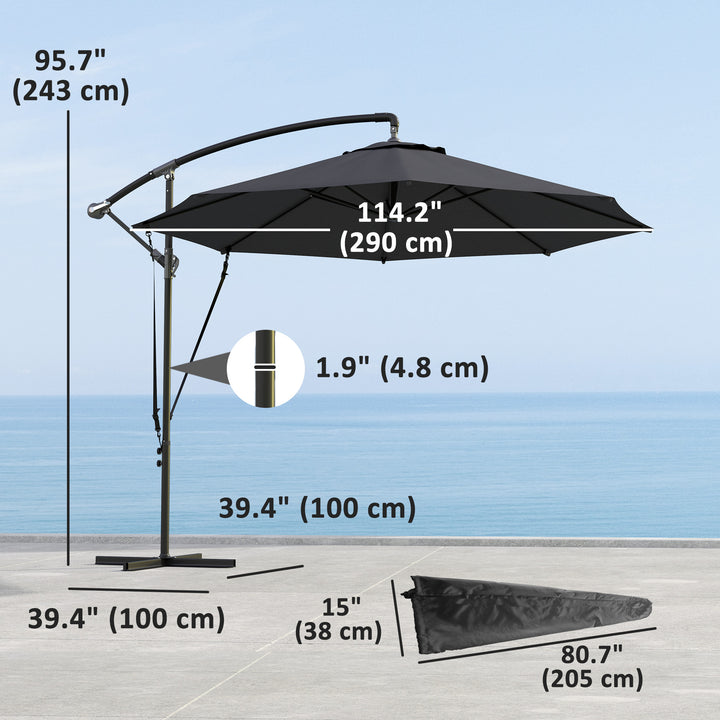 Outsunny 9.5' Cantilever Umbrella with Wind Protection Strap and Cover, Hanging Umbrella with Crank and Cross Base, UPF 50+, Grey