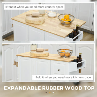 HOMCOM Kitchen Island on Wheels, Kitchen Cart with Drop Leaf, Drawers, White