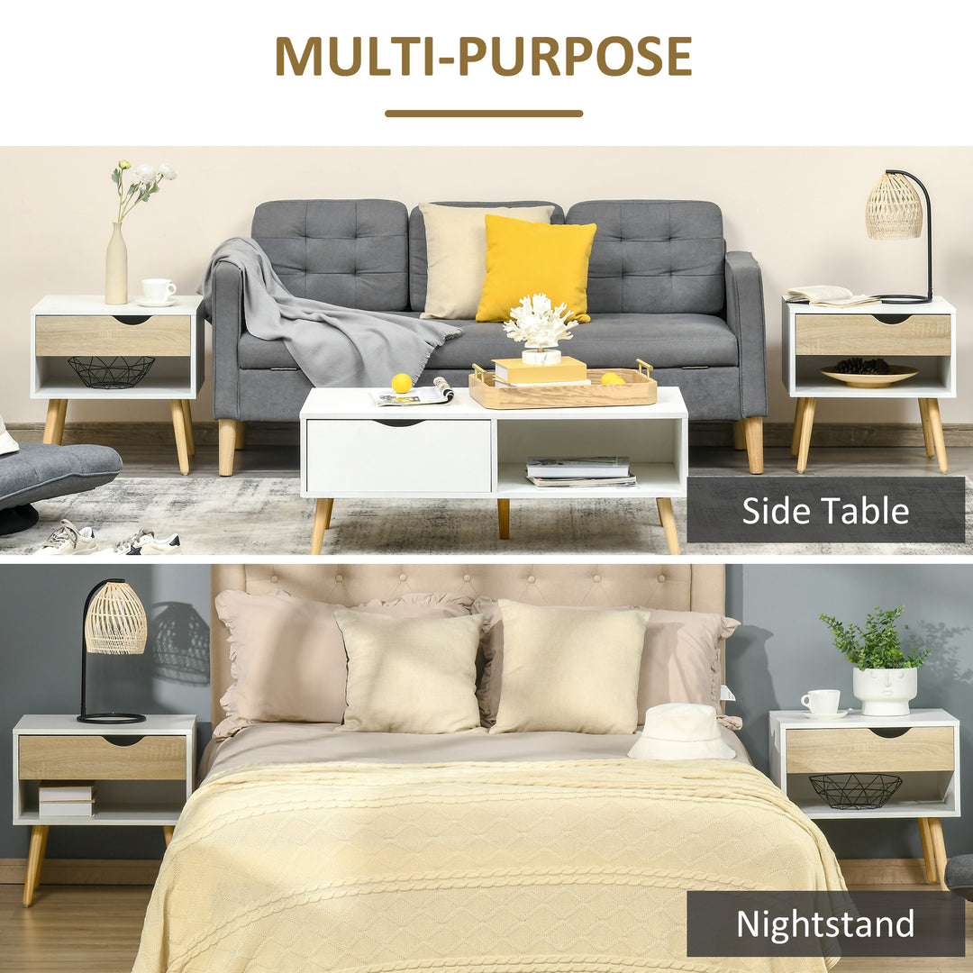 HOMCOM Set of 2 Bedside Table with Drawer and Shelf, Modern Nightstand with Wooden Legs, End Table for Bedroom, White