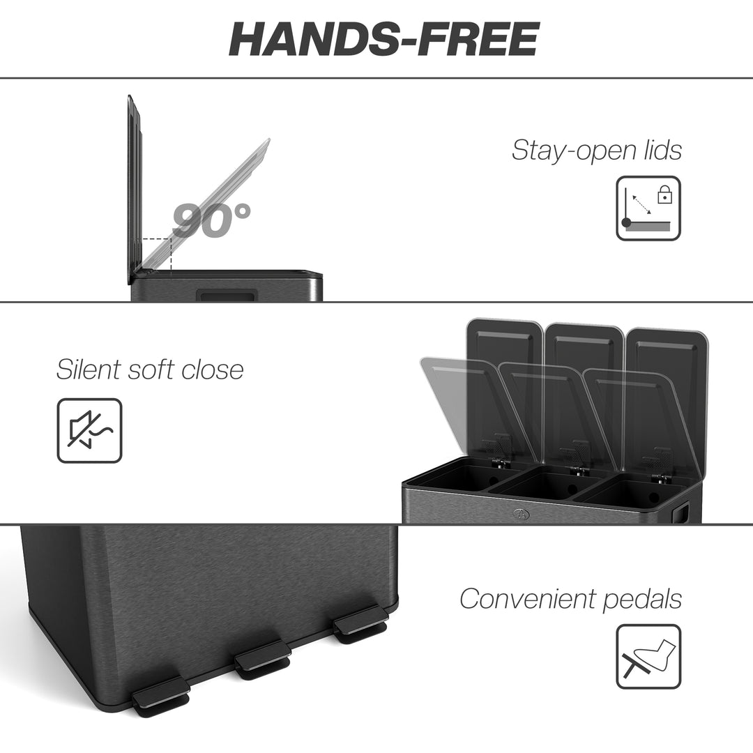HOMCOM Triple Garbage Bin, Soft-Close Trash Can with Foot Pedal, 3 x 20 Liter Garbage Can with Removable Inner Buckets, Silver