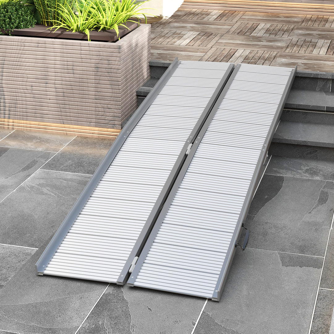 HOMCOM 8' Foldable Handicap Ramp for Home, Steps, Doorways, Aluminum Portable Wheelchair Ramp, Textured Threshold Ramp, Silver