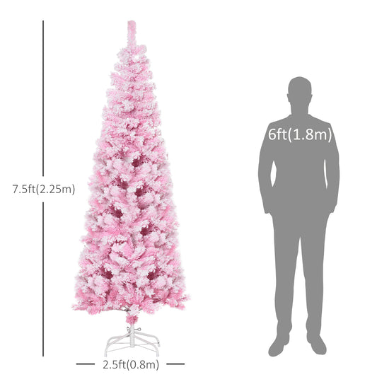HOMCOM 7.5 FT Snow Flocked Artificial Christmas Tree, Pencil Xmas Tree with Realistic Branches, Auto Open and Steel Base, Pink