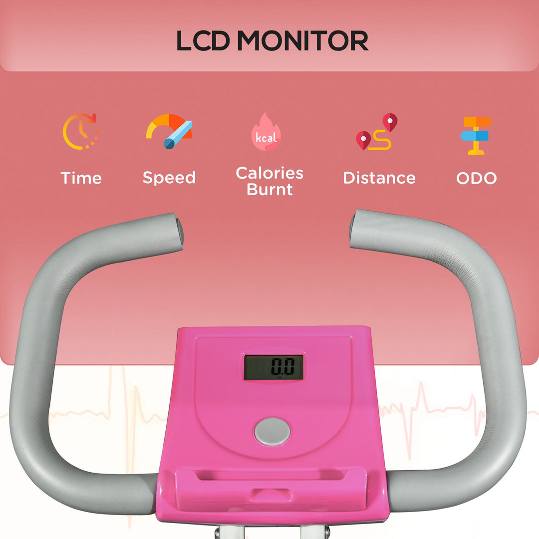 Soozier Foldable Magnetic Exercise Bike Indoor Stationary Upright Fitness Cycling Bike, 8 Level Quiet Magnetic Resistance, Pink