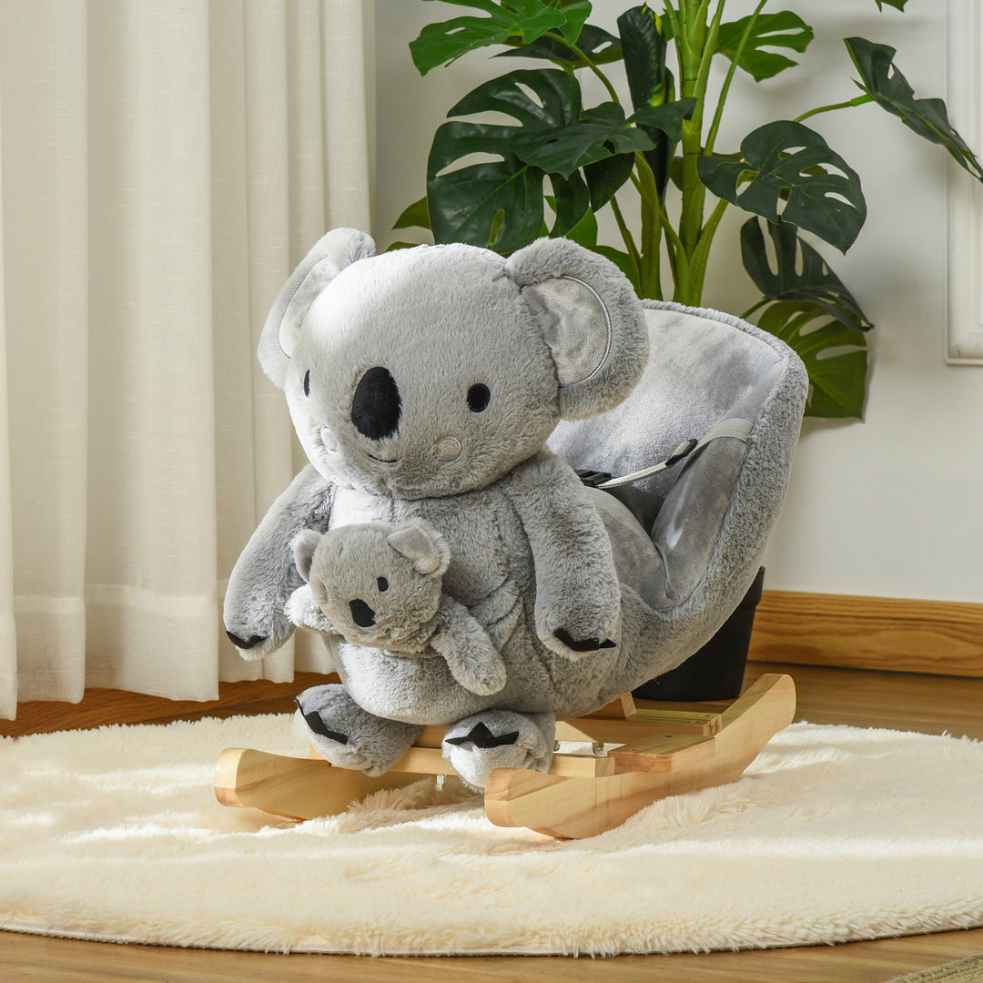 Qaba Kids Plush Ride-On Rocking Horse Koala-shaped Plush Toy Rocker with Gloved Doll Realistic Sounds for Child 18-36 Months Grey