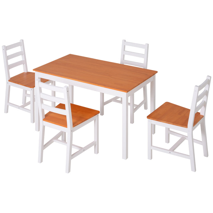 HOMCOM Dining Table Set for 4, 5 Piece Pine Wood Kitchen Table with High Back Chairs, Rectangular Table and 4 Armless Chair, White and Natural Wood
