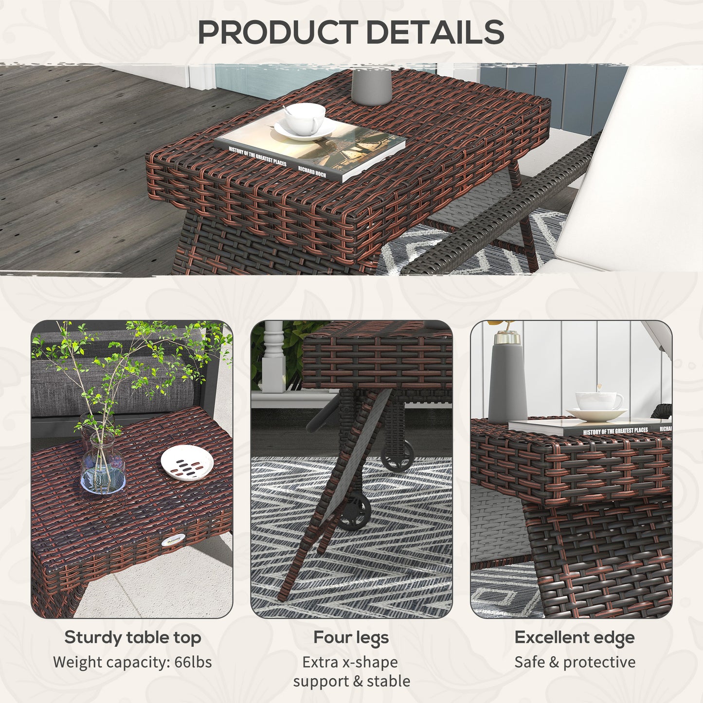 Outsunny Outdoor Rattan Foldable End Table, Metal Frame Patio Wicker Table, Coffee Table Side Table for Poolside, Lawn, Garden, Mixed Grey