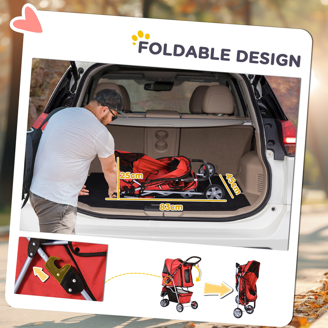 PawHut 3 Wheels Foldable Dog Stroller with Storage Basket, Adjustable Canopy, Cupholder for Miniature and Small Dogs, Red