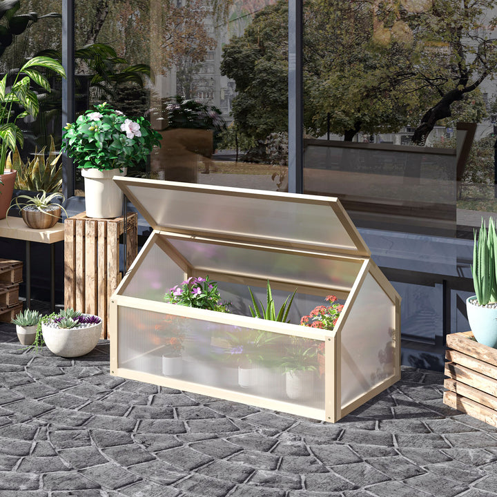 Outsunny Wooden Cold Frame Greenhouse Garden Portable Raised Planter with Openable Top for Indoor, Outdoor, Flowers, Vegetables, Plants, 35.5" x 20.5" x 19.5", Natural Wood